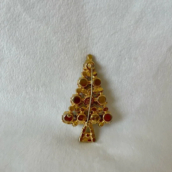Vintage Hobo Rhinestone Goldtone Brooch Christmas Tree Pin Green Red Gray - Picture 10 of 13